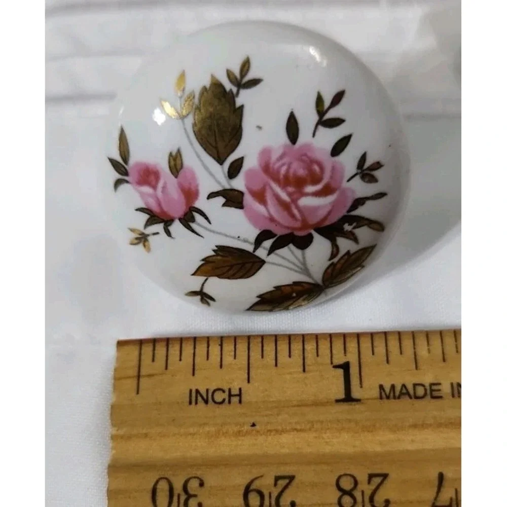 Vintage Ceramic Drawer Knob Gold Leafs With Pink Roses